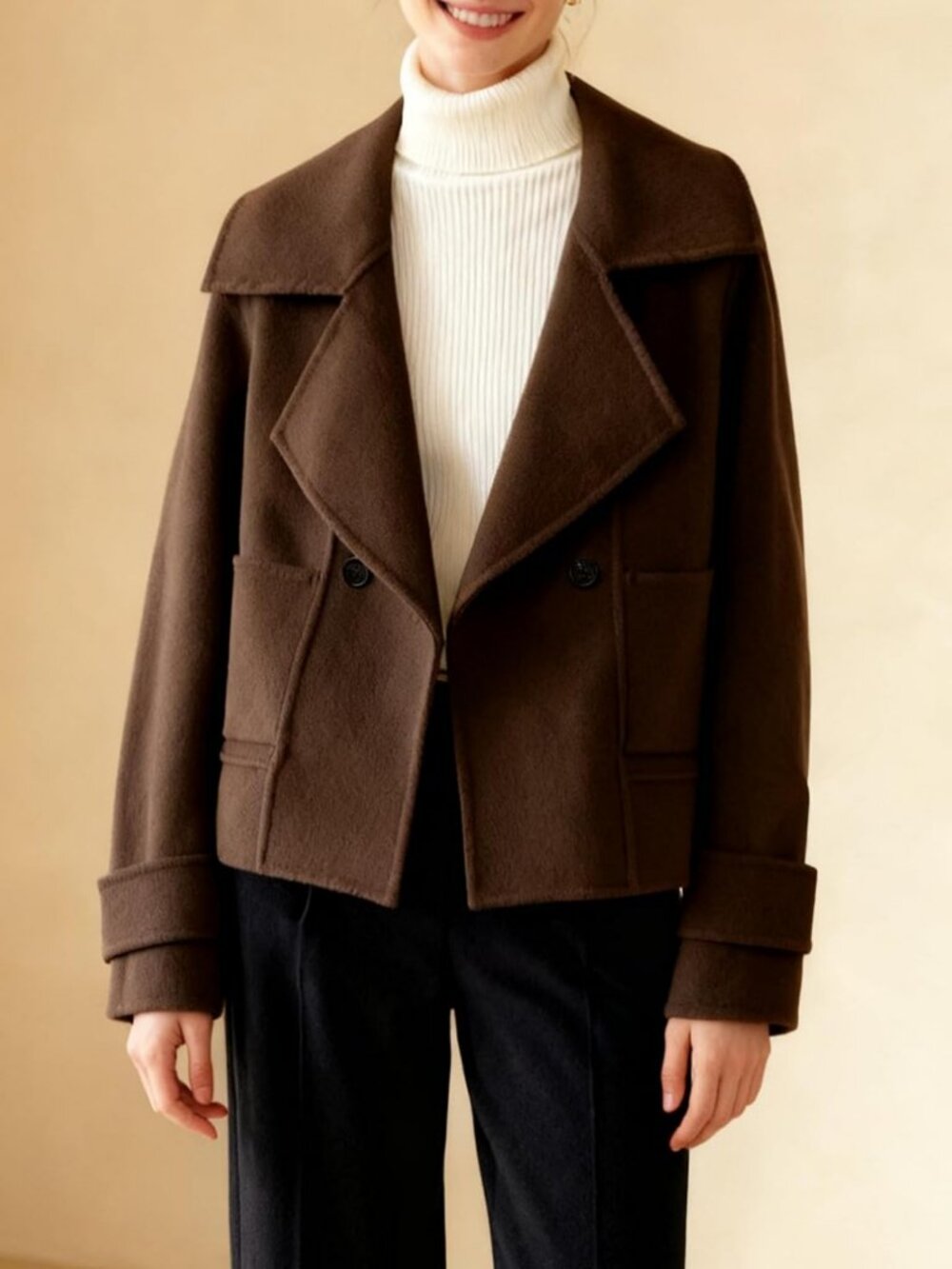 Chic Women's Short Wool Pea Coat with Notched Lapel, Cropped Design & Pockets - Picture 5 of 7